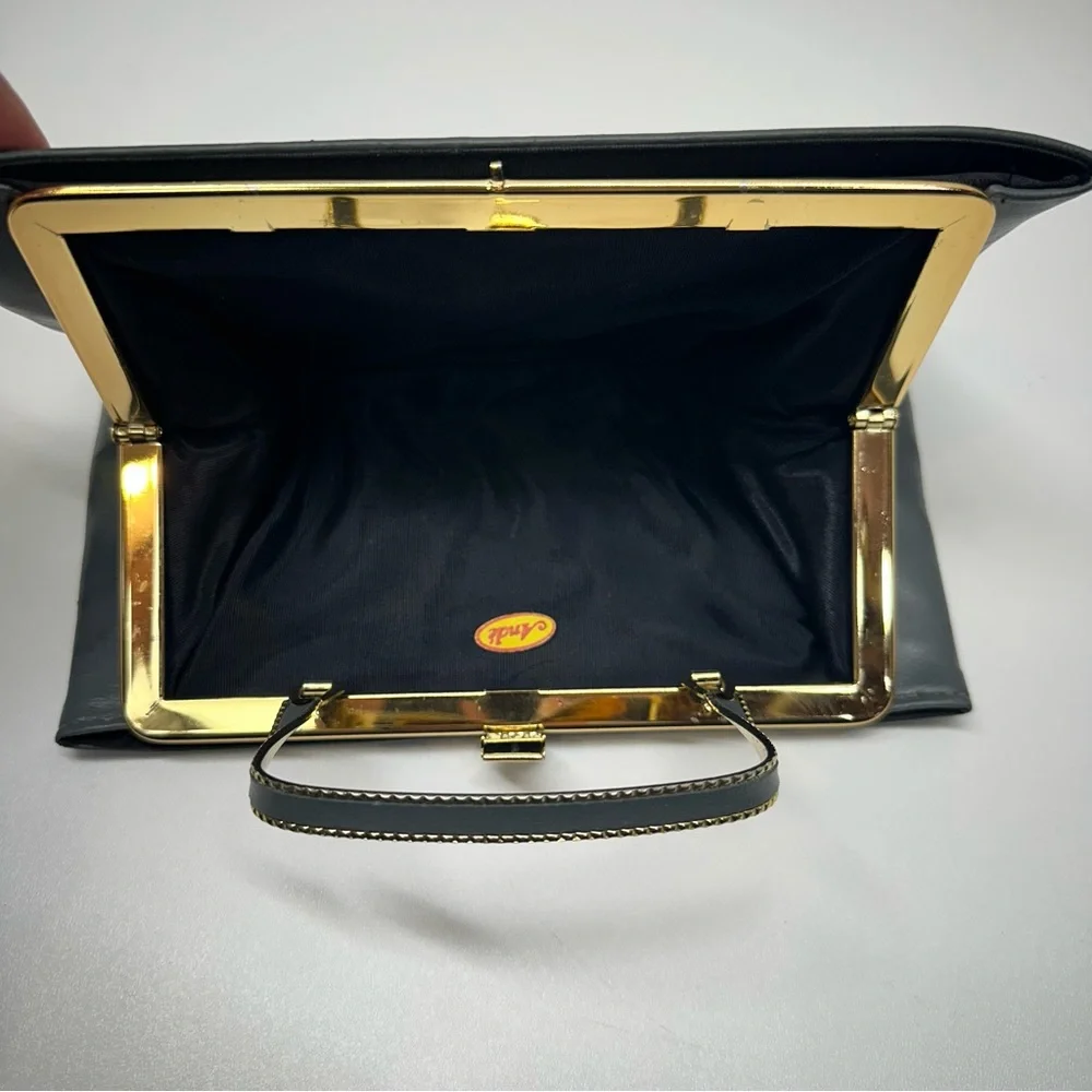 Vintage Ande Grey Faux Leather Gold Accent Evening Clutch Purse Retro Handle
